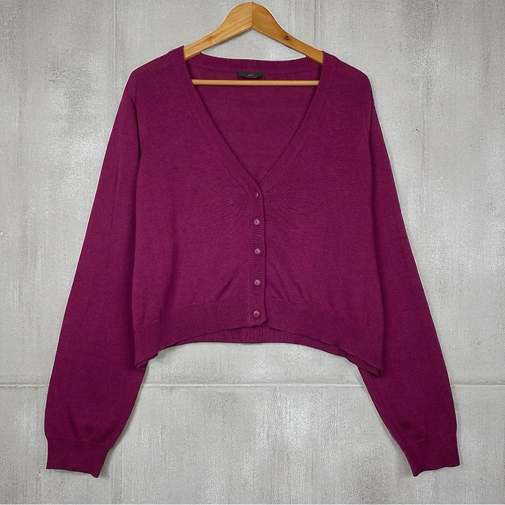 Ellos Slouchy V neck Burgundy Knit Oversized Boxy Cozy Cropped Cardigan Sweater